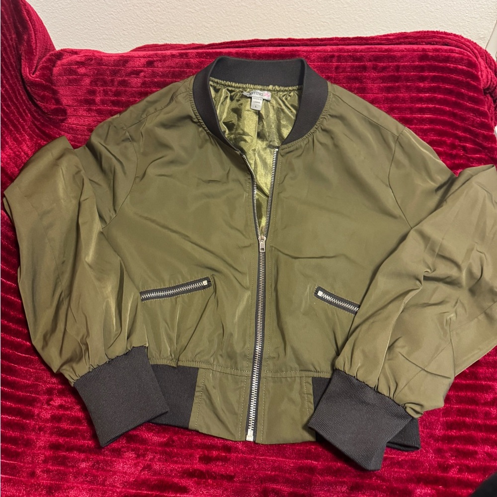 Olive Green Bomber Jacket with Black Accents